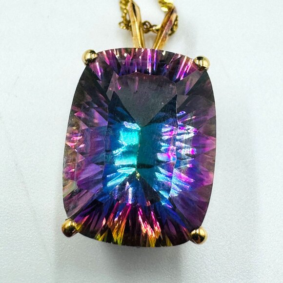 Vtg 14K Gold Mystic Topaz Pendant Necklace With Rope Chain Made In Croatia - Picture 2 of 16